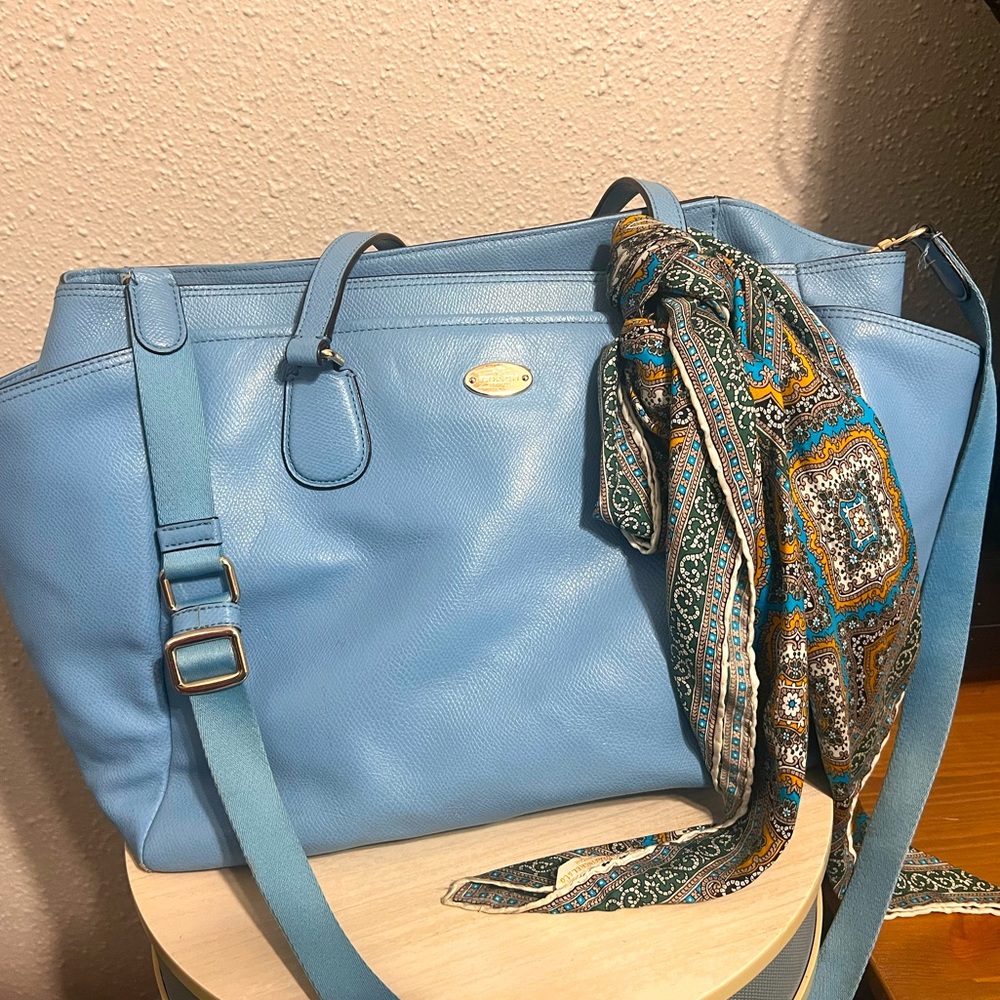Blue, Coach leather diaper bag with strap and changing pad